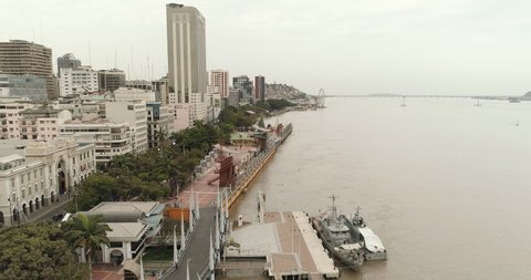 Malecon 2000 Guayaquil aereal shot. La previsora building.