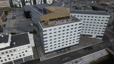 4-star Convention Hotel With Overview Of Fjord At The Roofdeck In Trondheim Port, Norway. aerial pullback