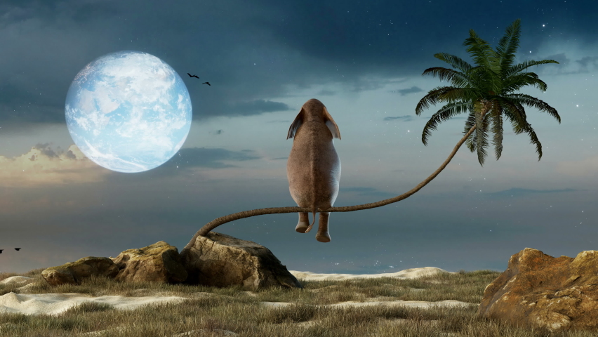Elephant stands on thin branch of withered palm tree watching planet earth. This is a 3D Animation 4k Royalty-Free Stock Footage #1079999555