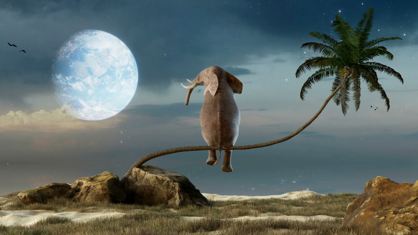 Elephant stands on thin branch of withered palm tree watching planet earth. This is a 3D Animation 4k | Shutterstock HD Video #1079999555