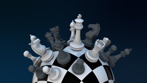 spherical chess board with pieces, the sphere is spinning - seamless loop, luma matte for background replacement (3d render)