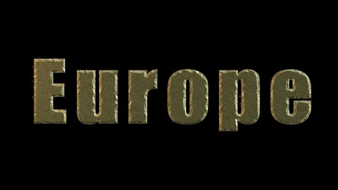 Gilded text Europe erodes cracks and is covered with moss. Decay, decline, stagnation concept. Prorez with alpha, easy to place on any background.