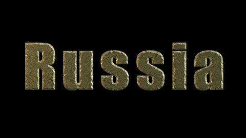 Gilded text Russia erodes cracks and is covered with moss. Decay, decline, stagnation concept. Prorez with alpha, easy to place on any background.