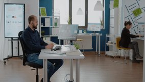 Man using video call for meeting with manager on computer. Corporate employee talking to trainer on online remote conference with webcam for business development and virtual marketing