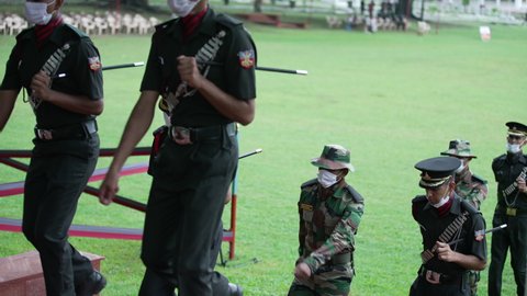 Dehradun, Uttarakhand India August 15, 2021. The first step to join the Indian Army of Young army officers after 18 months of tough training in the Indian Military Academy. High-quality slow motion. 