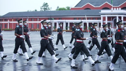 Dehradun, Uttarakhand India August 15, 2021. Indian army officer passing out parade after 18-month tough training at Indian Military Academy IMA. High-quality Apple prores 4k slow motion. 