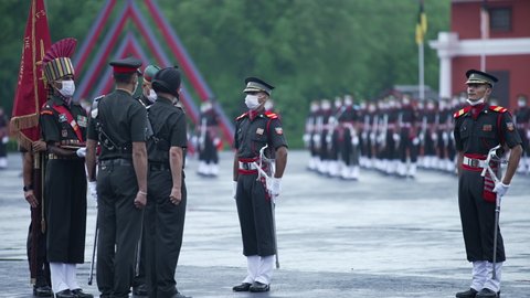Dehradun, Uttarakhand India August 15, 2021. Sword of honor to an army cadet at Indian army officer passing out parade at Indian Military Academy IMA. High-quality Apple prores 4k slow motion. 