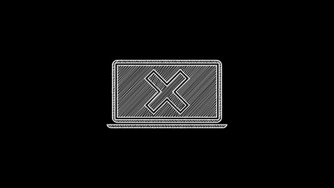 White line Laptop and cross mark on screen icon isolated on black background. Error window, exit button, cancel, 404 error page not found concept. 4K Video motion graphic animation.
