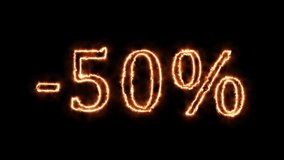 -50% sale is on fire. Animation on a black background letters 4K video is burning in a flame. Black Friday.