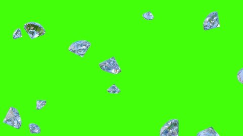 Falling shiny diamonds on green background. 4K video. 3d illustration.