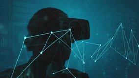 Silhouette of a man wearing vr headset and processing data
on an animated mesh of dots and lines. Global futuristic connecting technologies concept. 4K video - Powered by Shutterstock - Get 15% off with code: PIKWIZARD15