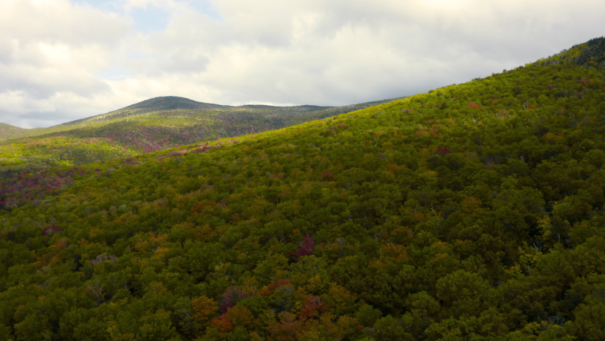Autumn season leaf changing with colorful fall leaves and maple trees on mountain range aerial drone 4k 30fps