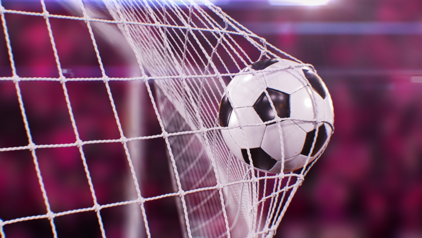 Beautiful Football Goal at World Cup Match Qatar Colors. Ball Flies into Net on Playground in Slow Motion Close-up. Soccer Game Fun 3d Animation. Sport Concept 4k. Royalty-Free Stock Footage #1080013502