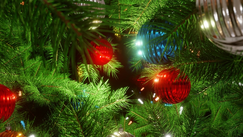 New year and Christmas 2024, 2023. Background. The camera moves among the green branches of a fir tree with multicolored lamps on a garland and christmas balls. Christmas tree. 4K 3D loop animation. Royalty-Free Stock Footage #1080015086