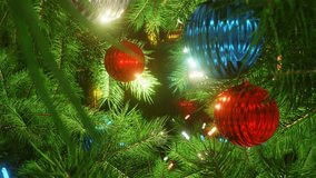 New year and Christmas 2026, 2025. Background. The camera moves among the green branches of a fir tree with multicolored lamps on a garland and christmas balls. Christmas tree. 4K 3D loop animation. - Powered by Shutterstock - Get 15% off with code: PIKWIZARD15