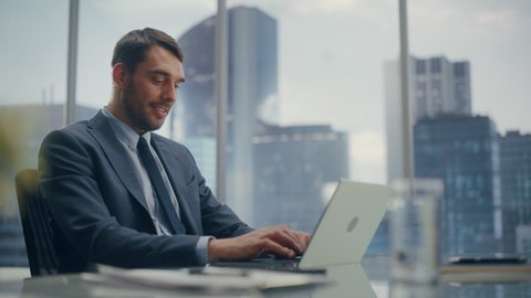 Smiling Businessman Suit Sitting Desk Modern Stock Footage Video (100% ...