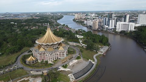 Sarawak, Malaysia – September 10, 2021: aerial view of Sarawak legislative assembly building and the building shape looks like cone design at Malaysia, Southeast Asia.