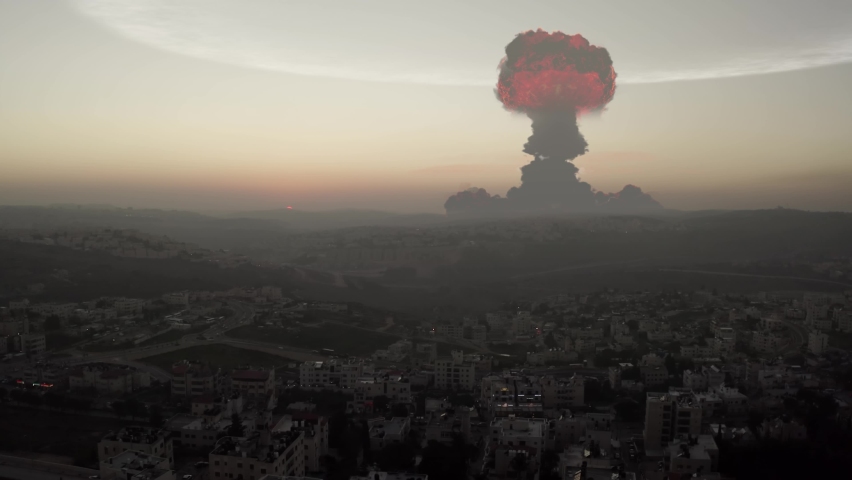 Nuclear Atom Explosion over Jerusalem City, Aerial view
Drone view over Jerusalem city at sunset with large mushroom cloud and shockwave
