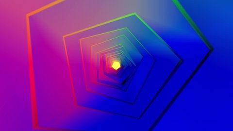 3D pentagon tunnel animation movement through the shining tunnel. Rainbow colours. Trippy feeling. Motion graphic material for VJ.