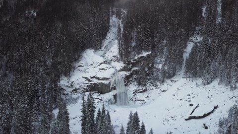 Aerial view of Krimml Waterfalls in winter day, Land Salzburg, Austria.
