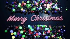 looped christmas card with merry christmas lettering and garland, balls scattered on the surface light up and form a beautiful pattern. New Year composition with neon light. Christmas lights