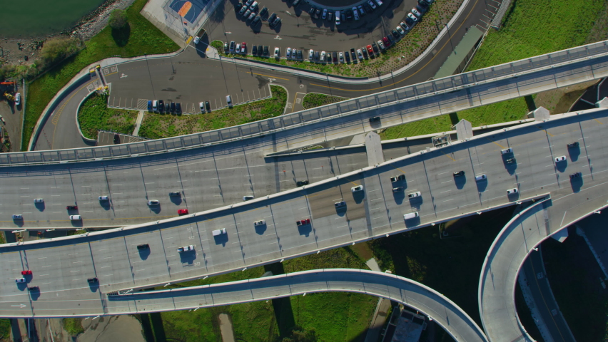 Overhead Aerial View of the San Francisco Oakland Bay Bridge During Rush Hour, Full of Traffic. California, United States. Sunny Day.

