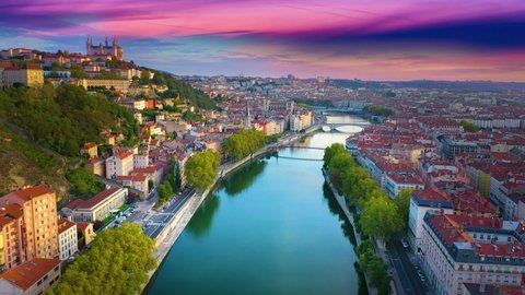 France Lyon aerial skyline view birds view of old town cathedral church river bridge in 4k.