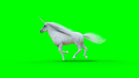 Runing white magical unicorn. Green screen realistic animation.