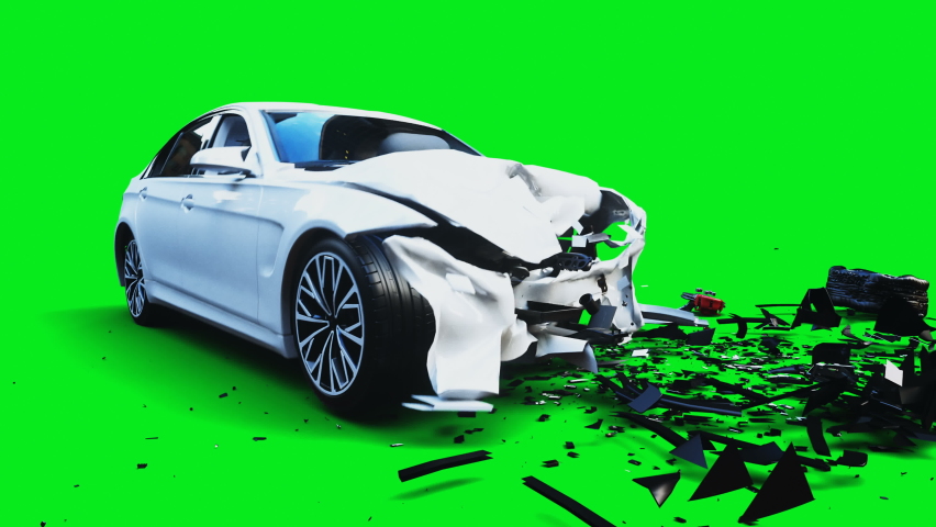 White generic 3d car crashes into invisible wall. Car accident concept. Green screen 4k animation.