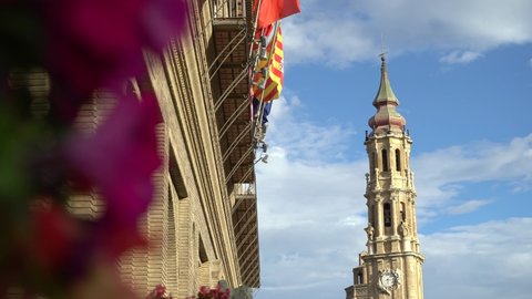 Cathedral Salvador de Zaragoza. flowers, flag of Aragon and in the background the cathedral of La Seo del Salvador in Zaragoza, Spain. Town. sightseeing
