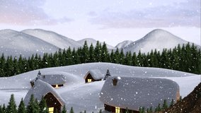 Animation of santa claus in sleigh with reindeer over snow falling on winter town. christmas, tradition and celebration concept digitally generated video.