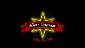 Animation of snow falling over neon decoration and happy christmas text on black background. christmas, tradition and celebration concept digitally generated video.