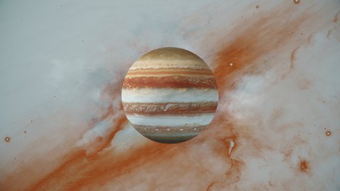 Jupiter in space with bright background of universe. Jupiter slowly rotating in solar system. Big planet in colorful cosmos. Interstellar galaxy. Huge gas giant with great red spot. Dead planet