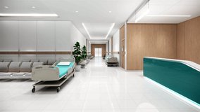 3d rendering animation. Interior hospital modern design . Counter and Waiting area  Empty Reception Medical practice concept.4k resolution.