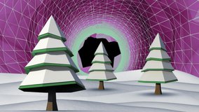 Animation of purple shapes and snow falling in digital winter landscape. christmas, winter, tradition and celebration concept digitally generated video.