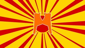Women's jacket symbol on the background of animation from moving rays of the sun. Large orange symbol increases slightly. Seamless looped 4k animation on yellow background
