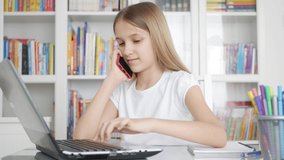 Kid Talking Smartphone, Child Studying Browsing Internet on Laptop in Coronavirus Pandemic, School Girl Learning, Online Education