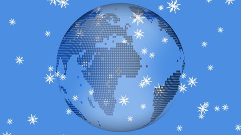 Animation of snow falling over globe on blue background. global connections concept digitally generated video.