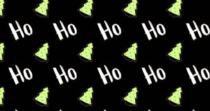 Animation of multiple ho ho text and christmas tree over fireworks on black background. christmas, winter, tradition and celebration concept digitally generated video.