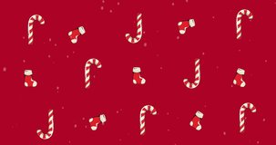 Animation of multiple sock and candy cane on red background. christmas, winter, tradition and celebration concept digitally generated video.