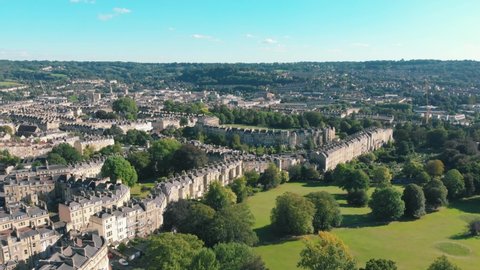 Aerial drone shot of streets with Georgian houses in Royal Crescent, Bath, Somerset, UK