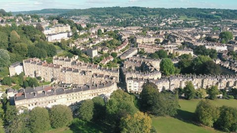 Aerial drone shot of streets with Georgian houses in Bath, Somerset, UK