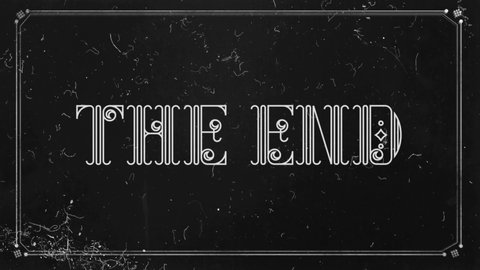Vintage Outro. Retro effect. Vintage pop-up text screen saver with text: THE END. A re-created film frame from the silent movies era, showing an intertitle text - THE END.