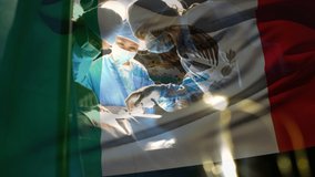 Animation of flag of mexico waving over surgeons in operating theatre. global medicine, healthcare services during covid 19 pandemic concept digitally generated video. - Powered by Shutterstock - Get 15% off with code: PIKWIZARD15