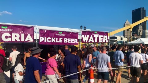 Pittsburgh , Pennsylvania , United States - 08 21 2021: People gathered on Andy Warhol Bridge during Picklesburgh Food festival