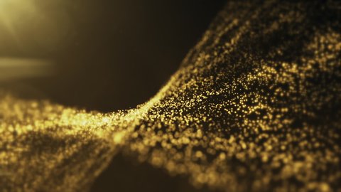Abstract motion background animation with a flowing golden fractal wave of glittering gold light particles and lens flare. Depth of field bokeh.