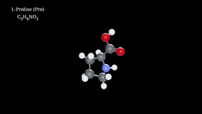 L-Proline 3D molecular structure animation (with transparent background). [ProRes 4444 file]