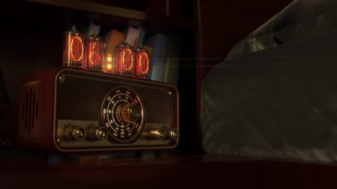 Vintage alarm clock on Nixie tubes with radio waking up at 6 AM. Close-up view. The numbers on the clock screen change from 5:59 to 6:00 AM. Then turns on the radio receiver and its scale lights up