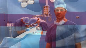 Animation of flag of england waving over surgeons in operating theatre. global medicine, healthcare services during covid 19 pandemic concept digitally generated video.