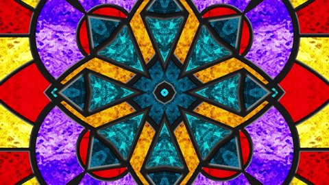 Stained glass window. Color glass. Kaleidoscopic dynamic background. Transparency. Multicolor seamless looping animation footage. Psychedelic motion design. Dj loop. Vj loops. 4K